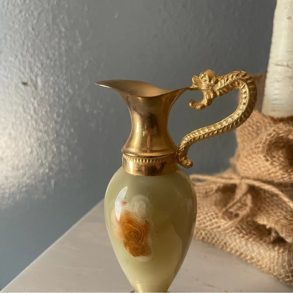 Vintage 1980 Chiseled Brass Onyx Dragon Handle Ewers Cambodia Pitcher Vase Gift - Picture 4 of 10